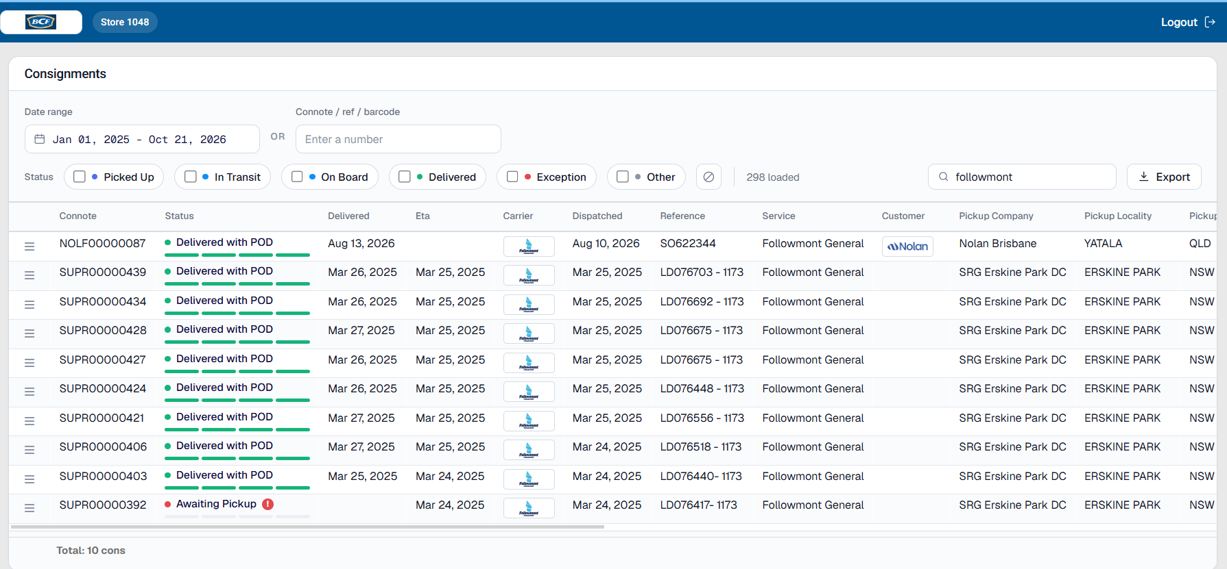 The dashboard filtered to Followmont, showing 10 matching consignments.