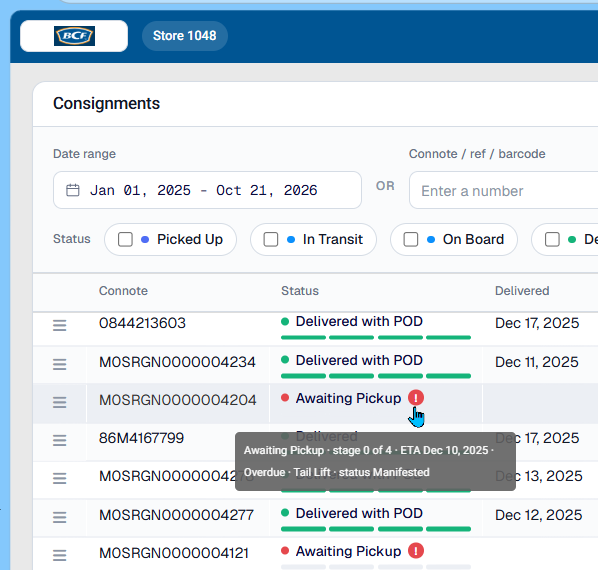 Actual portal tooltip for Awaiting Pickup, showing stage 0 of 4, ETA, overdue and manifested status.