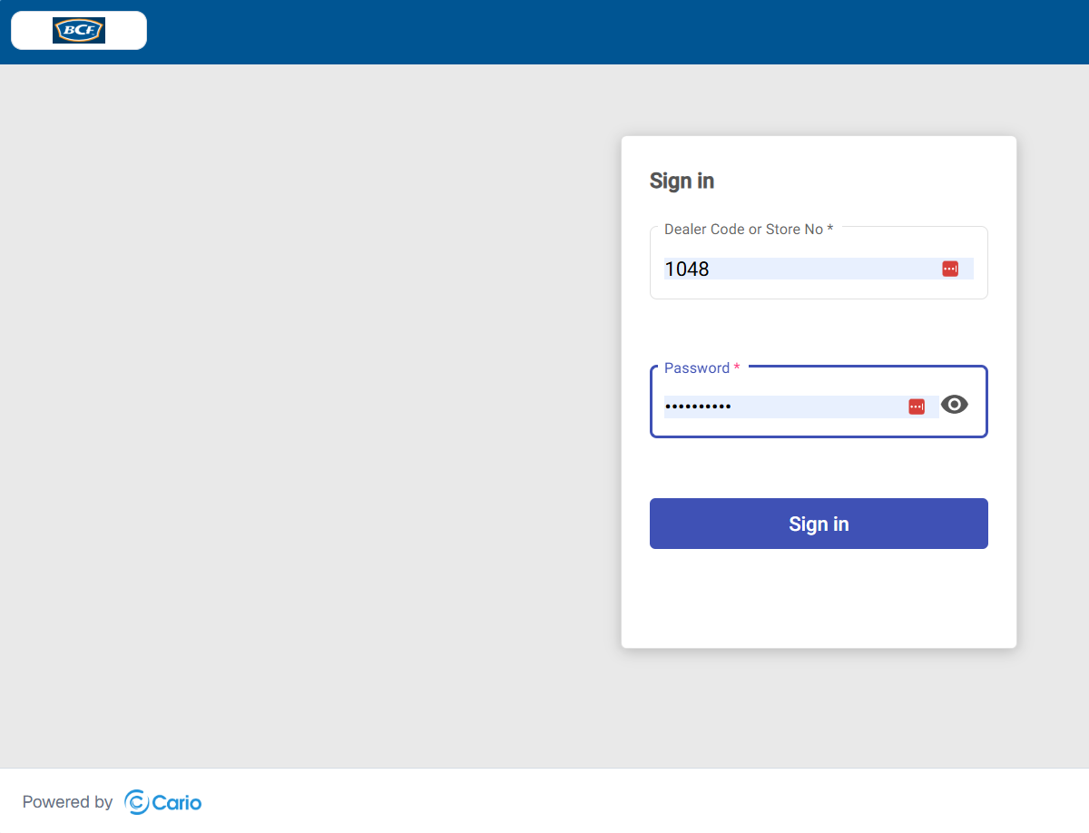 BCF portal sign-in with Dealer Code or Store No. 1048 and a masked password.