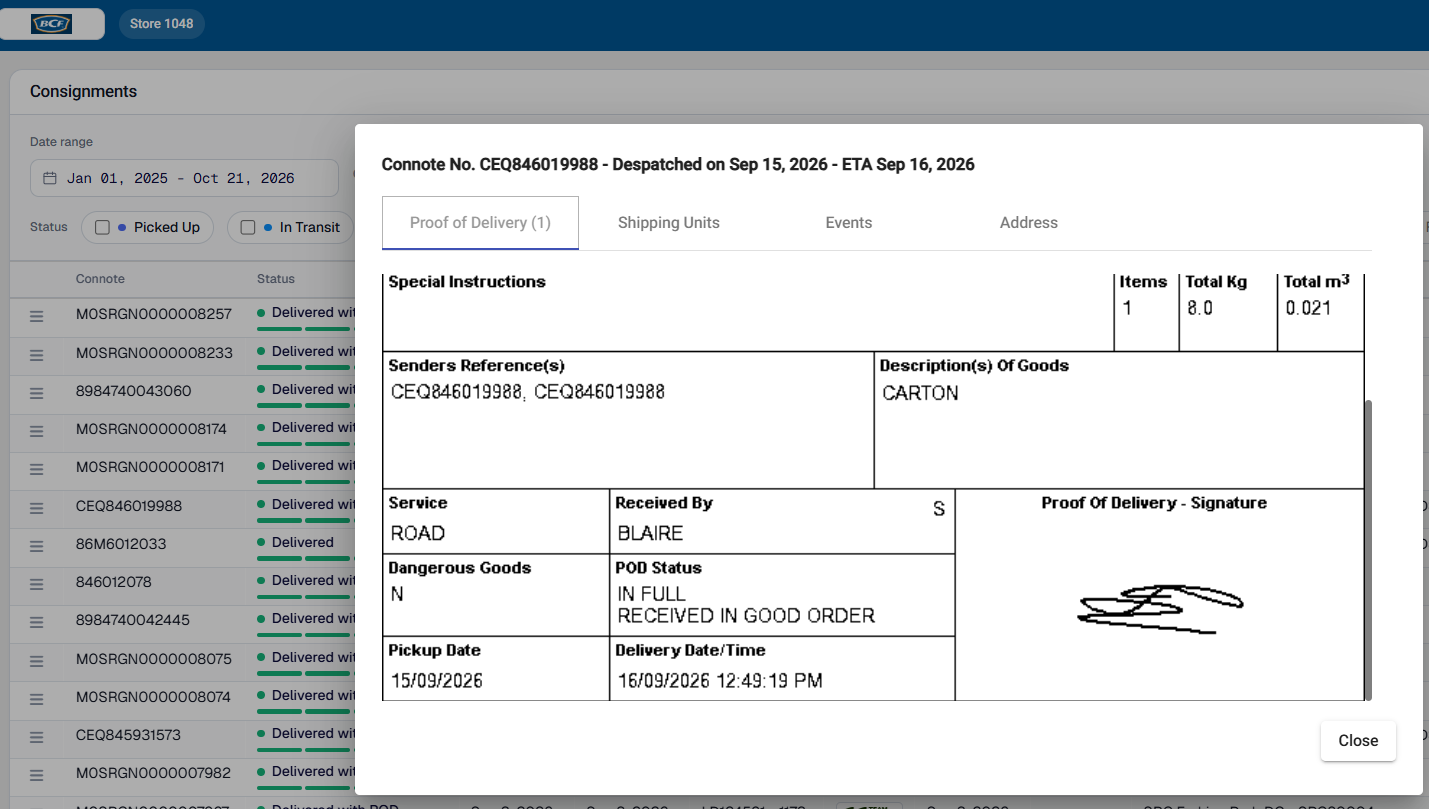 Proof of delivery document in Cario showing received-by information, delivery time and signature.